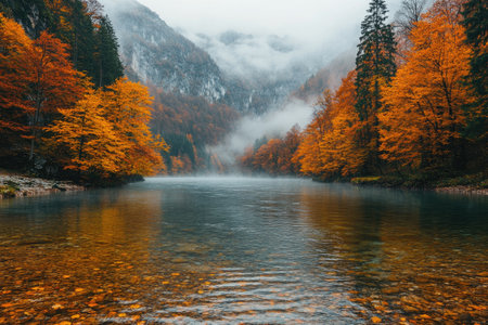Fog covering the mountain behind a river flowing through a colorful autumn forestの素材