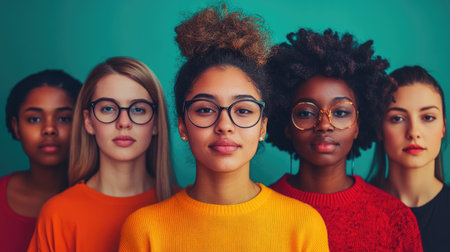 Five young women of different ethnicities standing together, promoting equality, feminism, and diversityの素材