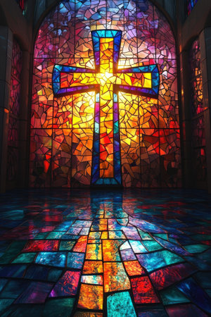 Bright stained glass window featuring a cross, illuminating a church interior with colorful reflectionsの素材