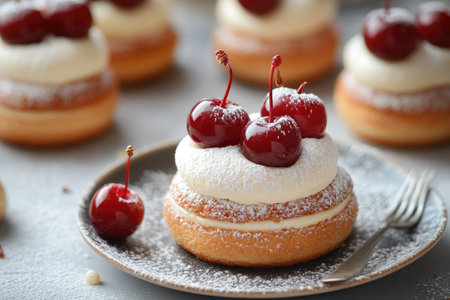 Small cakes topped with whipped cream, fresh cherries, and powdered sugar, sitting on a plateの素材