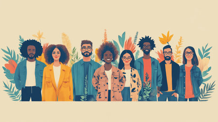 Diverse group of people smiling surrounded by plants and flowers, representing diversity, inclusion, and teamworkの素材