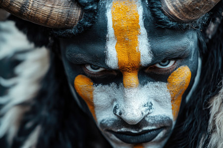 Close-up of an indigenous warrior with colorful face paint and horns staring intenselyの素材