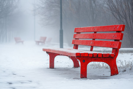 Red bench covered with snow in a foggy park during winterの素材
