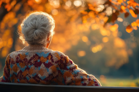 Senior woman enjoying peaceful moment on park bench during fall seasonの素材