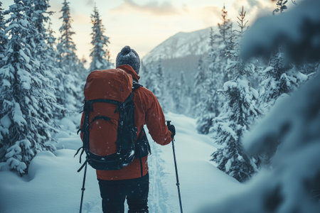 Hiker with backpack enjoying stunning sunset views while snowshoeing through a snowy forest trailの素材