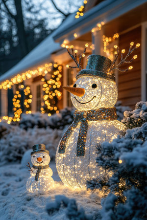 Two glowing snowmen stand in a snowy front yard, adding a festive touch to a house decorated with Christmas lightsの素材