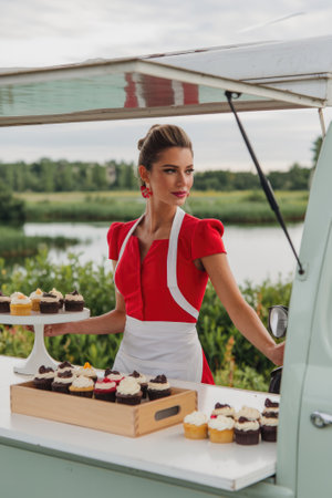 Pastry chef in vintage outfit serving cupcakes from a food truck in a picturesque riverside settingの素材