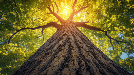 Sunlight filters through the vibrant green leaves of a majestic tree, creating a breathtaking scene in a serene forestの素材