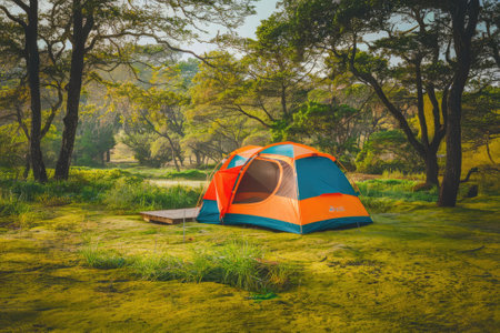 Orange and teal camping tent set up on a mossy ground in a tranquil forest clearingの素材