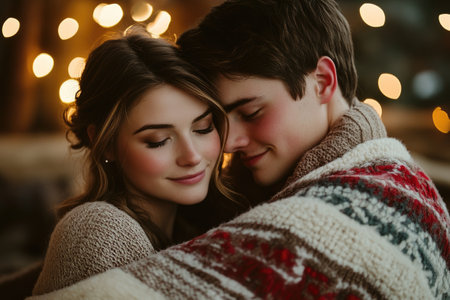 Romantic young couple hugging under cozy blanket, enjoying intimate moment with soft bokeh lights in backgroundの素材