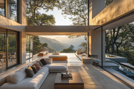 Luxurious open-plan living room with comfortable sofas and stunning views of the mountains at sunset, creating a serene and relaxing atmosphereの素材