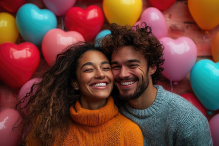 Young multi-ethnic couple smiling and celebrating valentine's day or anniversary with heart balloonsの素材