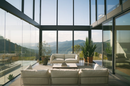 Luxurious open plan living room with large windows showcasing breathtaking mountain views, offering tranquility and connection with natureの素材