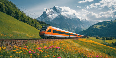 Scenic view of a modern orange train passing through colorful blooming meadows in the swiss alps with snow-capped mountains in the backgroundの素材