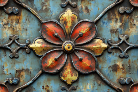 Close-up of a rusty metal plate featuring a colorful flower design and cross-shaped decorations, creating a vintage and artistic impressionの素材