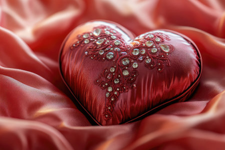 Heart-shaped gift box decorated with embroidery and rhinestones, expressing love and affection, resting on a luxurious red silk fabricの素材