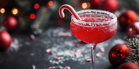 Red Christmas cocktail is garnished with candy cane and surrounded by ornaments and blurred lightsの素材