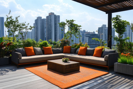 Relaxing rooftop terrace with comfortable seating and lush greenery, offering breathtaking panoramic views of the cityscapeの素材