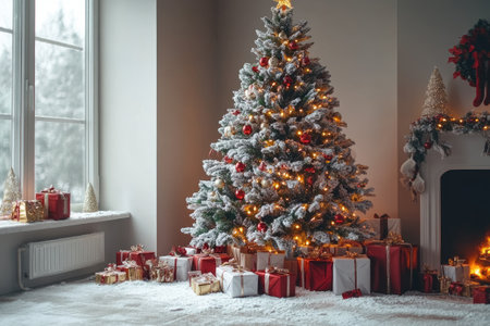 Decorated Christmas tree with glowing lights illuminating wrapped presents in a cozy living room with a fireplaceの素材