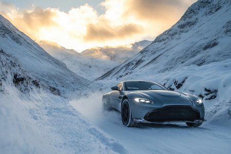 Gray sports car driving on a snowy mountain road at sunsetの素材