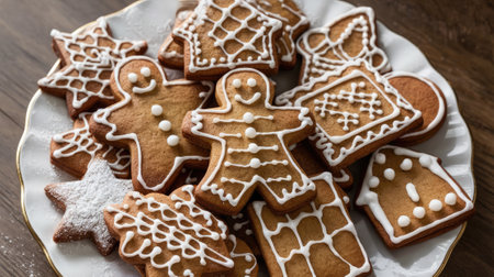 Christmas gingerbread cookies decorated with white icing on a white plateの素材