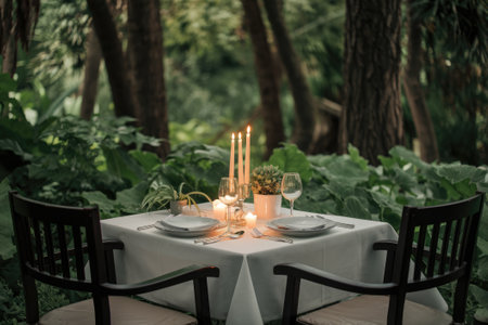 Romantic dinner table with candles, wine glasses and plants in a lush green forest settingの素材