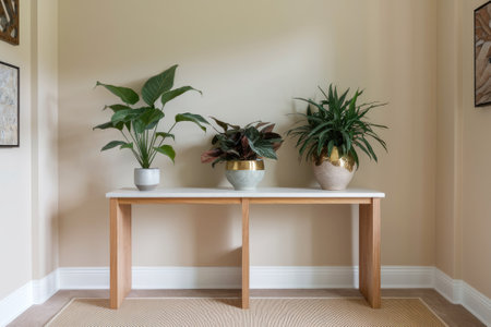 Stylish and modern interior design showcasing a console table with potted plants, creating a calming and natural atmosphereの素材