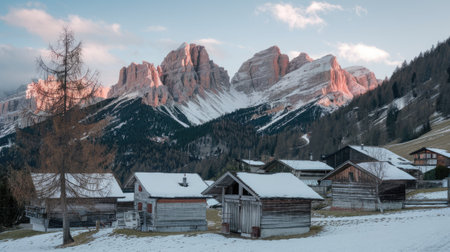 Wooden mountain cabins glowing in alpenglow under the odle mountain group in the italian dolomitesの素材