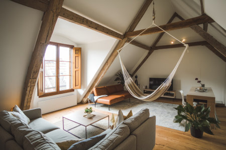Stylish and cozy attic apartment with hammock, exposed wooden beams, and comfortable furniture, creating a relaxing atmosphereの素材