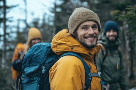 Hikers enjoying a hike in the woods, smiling and carrying backpacksの素材