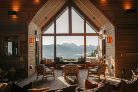 Warm sunlight illuminates a cozy and stylish wooden chalet interior, featuring comfortable furniture and a breathtaking view of majestic mountains through large windowsの素材