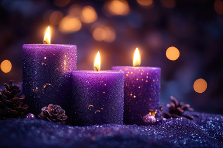 Five lit purple advent candles stand in snow with christmas ornaments, pine cones, and fir branches against a dark snowy background with bokeh lightsの素材
