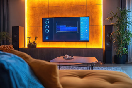 Cozy and modern living room with smart home automation system displayed on a large TV screen, integrated with audio speakers and ambient lightingの素材