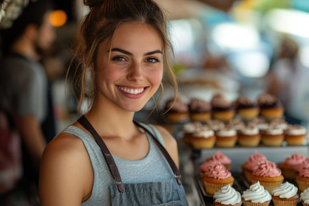 Happy young woman pastry chef smiling in a bakery with trays of cupcakes in the backgroundの素材