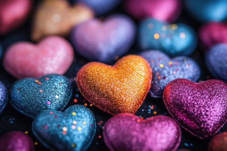 Many colorful glittery hearts creating a romantic valentine's day atmosphereの素材