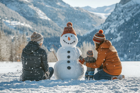 Happy family building a snowman while enjoying a winter vacation in the mountainsの素材