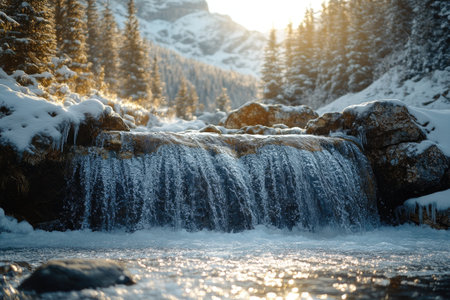 Beautiful waterfall cascading over rocks in a snowy winter wonderland, illuminated by the warm glow of the setting sunの素材