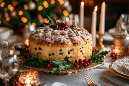 Round Christmas cake with holly and red berries on a festive table with candles and Christmas tree in the backgroundの素材