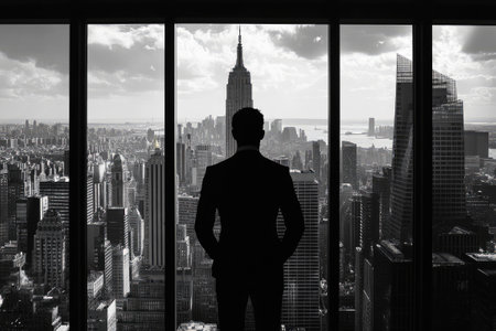 Silhouette of businessman looking at New York City skyline with empire state building from skyscraper windowの素材