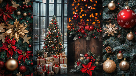 Christmas collage featuring decorated trees, presents, ornaments, festive lights, and poinsettias, creating a warm holiday atmosphereの素材