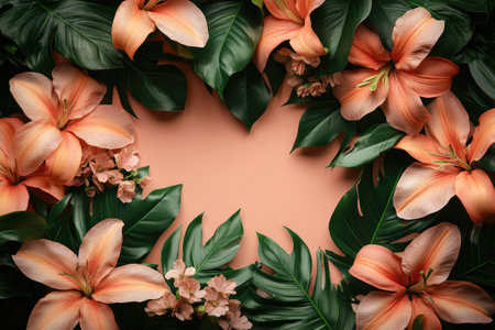 Frame of exotic monstera leaves and lily flowers creating a vibrant display on a peach colored backdropの素材