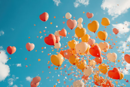 Colorful heart-shaped balloons rising into a bright blue sky, creating a joyful and celebratory atmosphere with falling confettiの素材