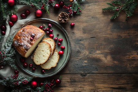 Sliced christmas bread loaf decorated with cranberries and icing sugar on wooden table with christmas decorationの素材