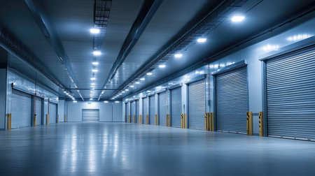 Modern warehouse interior with roller shutter doors and led lightingの素材