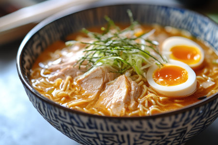 Ramen noodle soup with chicken, soft boiled eggs, and green onions garnishing the topの素材