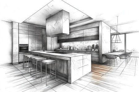 Pencil sketch showcasing a modern kitchen design with island, bar stools, and dining area, ideal for interior design and architecture projectsの素材