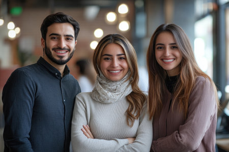 Group of young entrepreneurs smiling confidently, showcasing teamwork and success in businessの素材