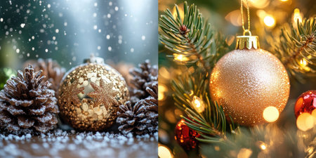 Christmas ornaments and pine cones, creating a festive and magical holiday atmosphereの素材