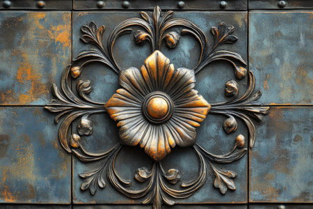 Golden floral ornament embellishing a weathered teal surface, showcasing intricate details and antique charmの素材
