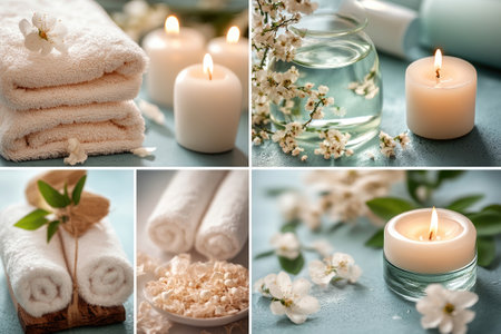Relaxing spa collage showing spring flowers, rolled up towels, candles and bath salts, promoting wellness and body careの素材